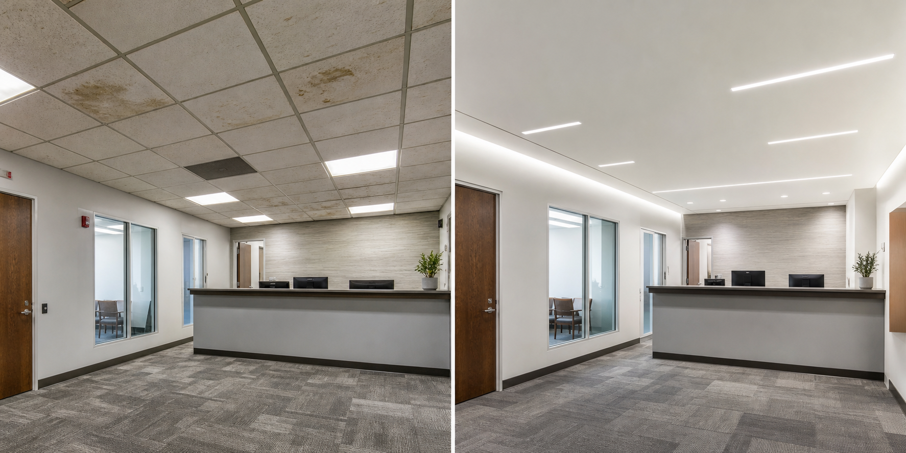 Before and after commercial ceiling transformation from dated tile grid to seamless modern ceiling with integrated lighting
