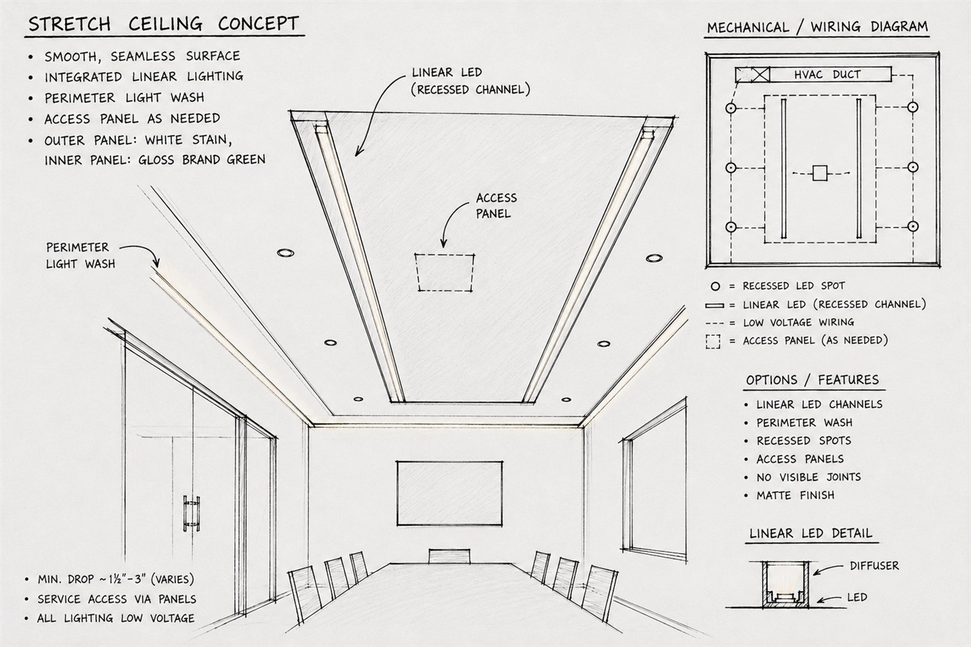 Perspective stretch ceiling concept sketch with linear lighting, access panel, and mechanical wiring details
