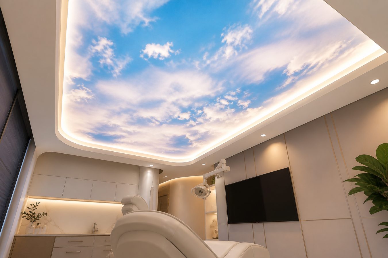 Concept of a treatment room with a calming printed sky ceiling above the client chair