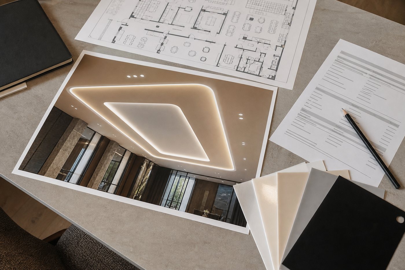 Photorealistic stretch ceiling concept mockup with integrated perimeter and recessed lighting