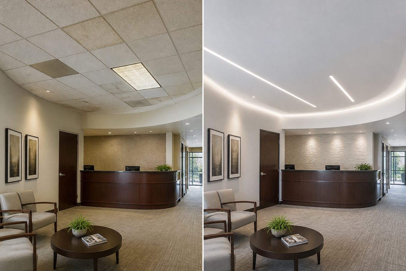 Concept showing a professional office ceiling upgraded from dated tiles to a seamless modern ceiling
