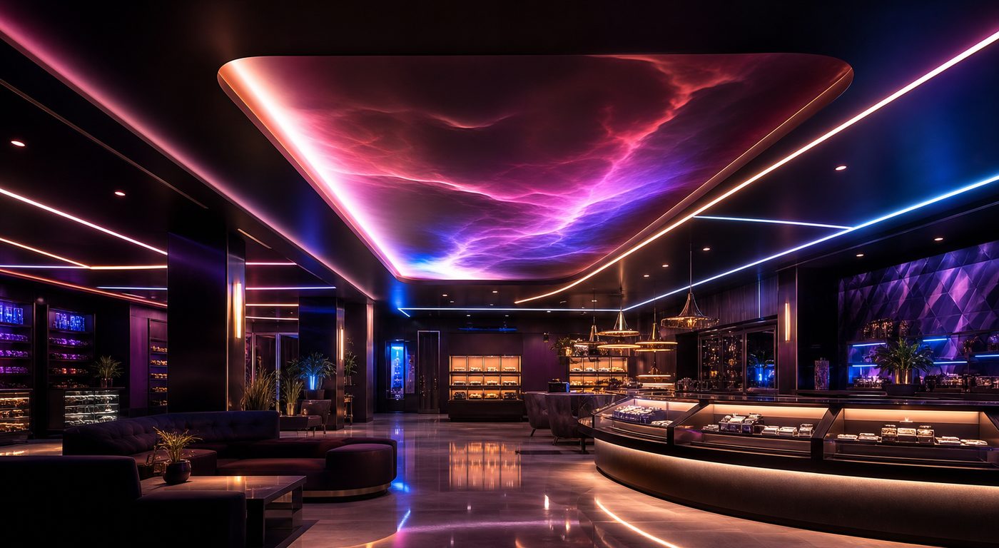 Concept of a dramatic backlit ceiling in a nightlife or atmosphere-driven retail space