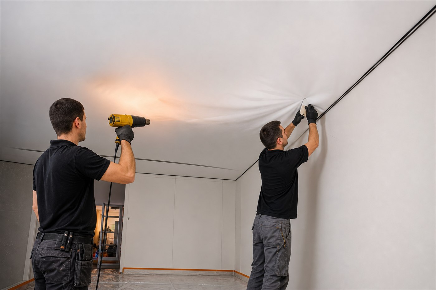 Installers stretching a ceiling canvas into perimeter track without demolition-heavy reconstruction