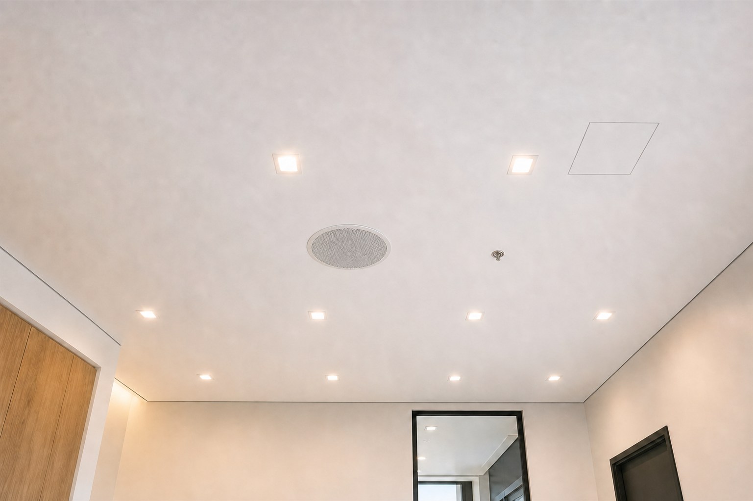 Finished taut ceiling with recessed lights, a flush speaker, an access hatch, and clean perimeter edges