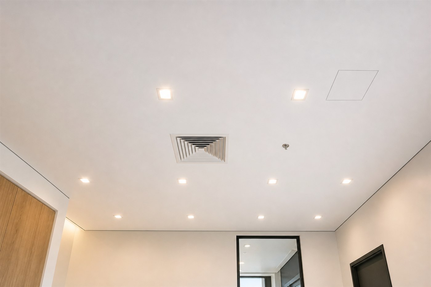 Finished stretch ceiling with coordinated recessed lights, ventilation, sprinklers, and access in a professional office