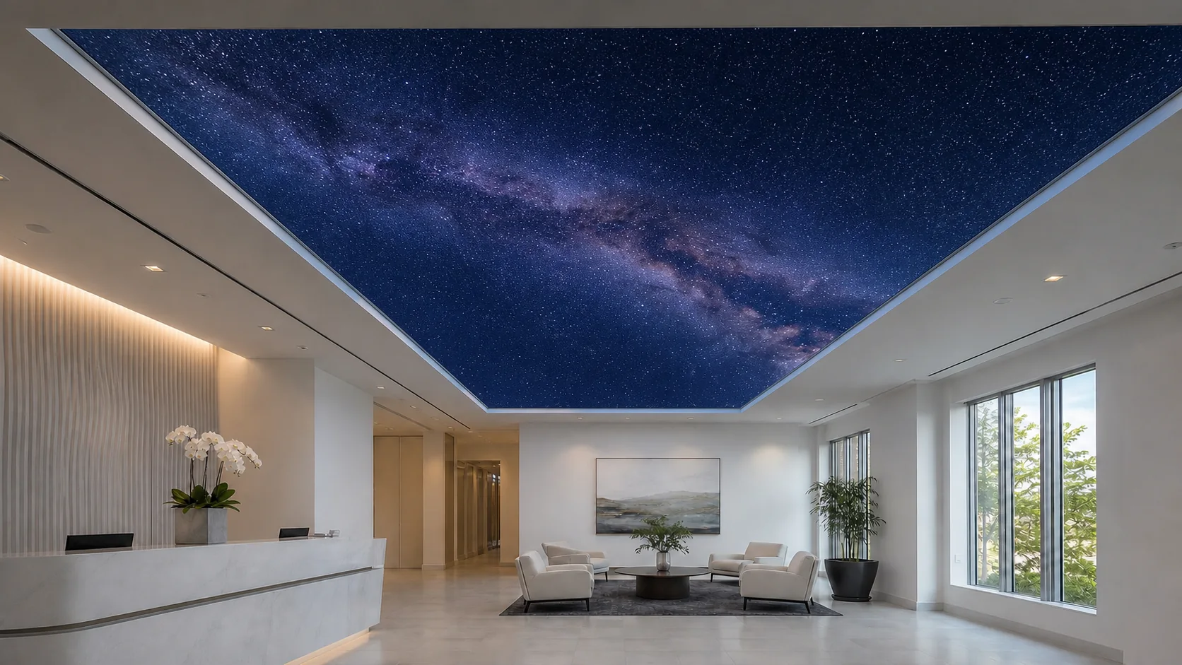 The same reception area with a luminous Milky Way print backlit in the recessed stretch ceiling