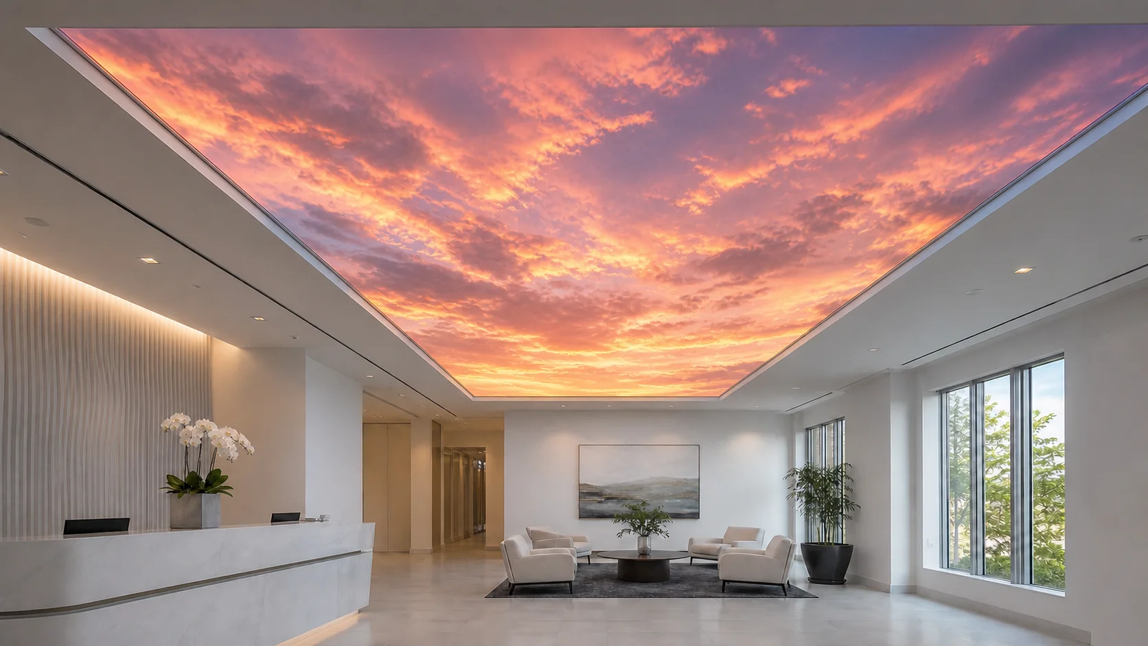 The same reception area with a warm sunset print evenly backlit in the recessed stretch ceiling