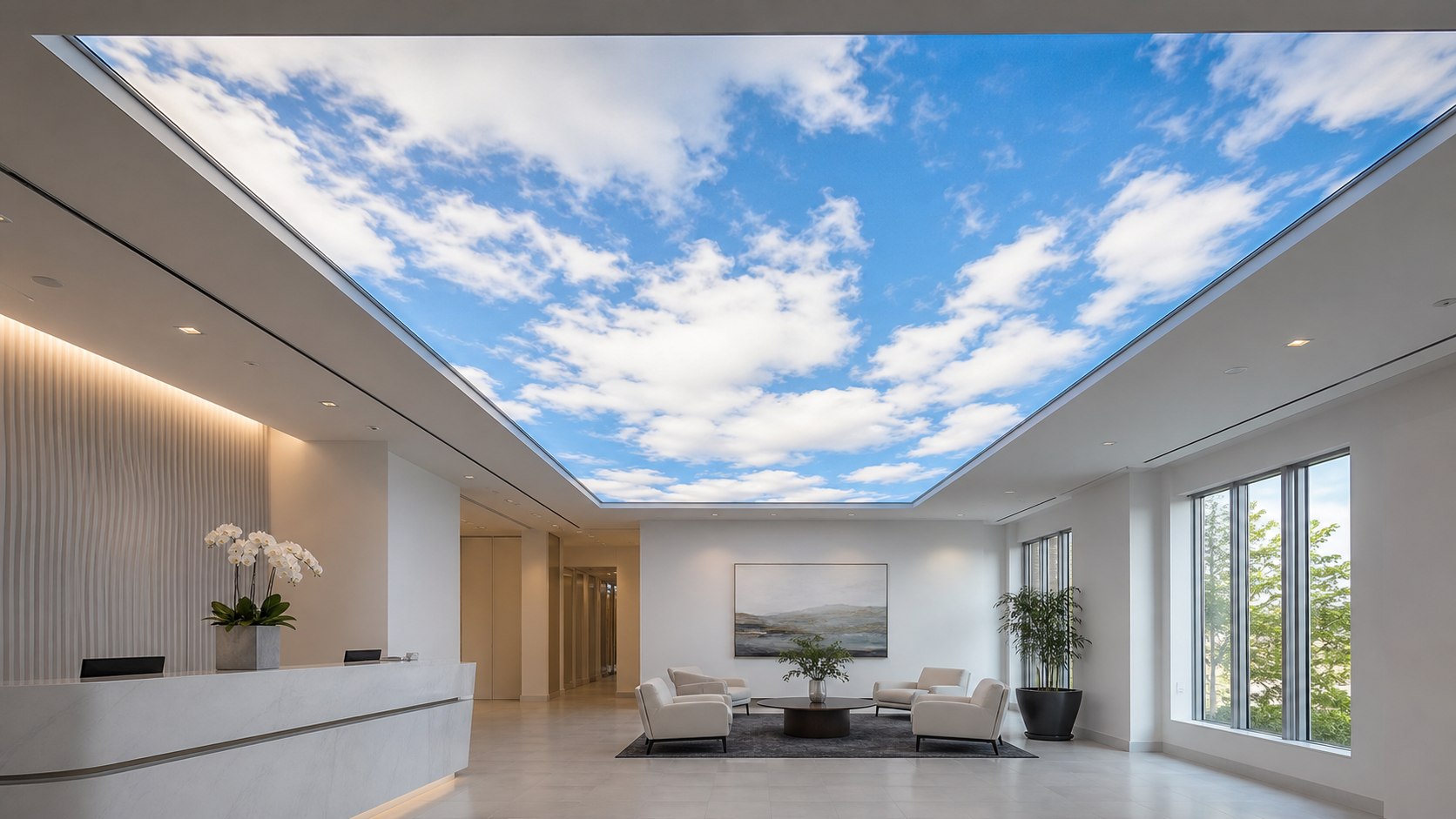 Modern commercial reception area with a large printed blue-sky stretch ceiling evenly backlit like a luminous skylight