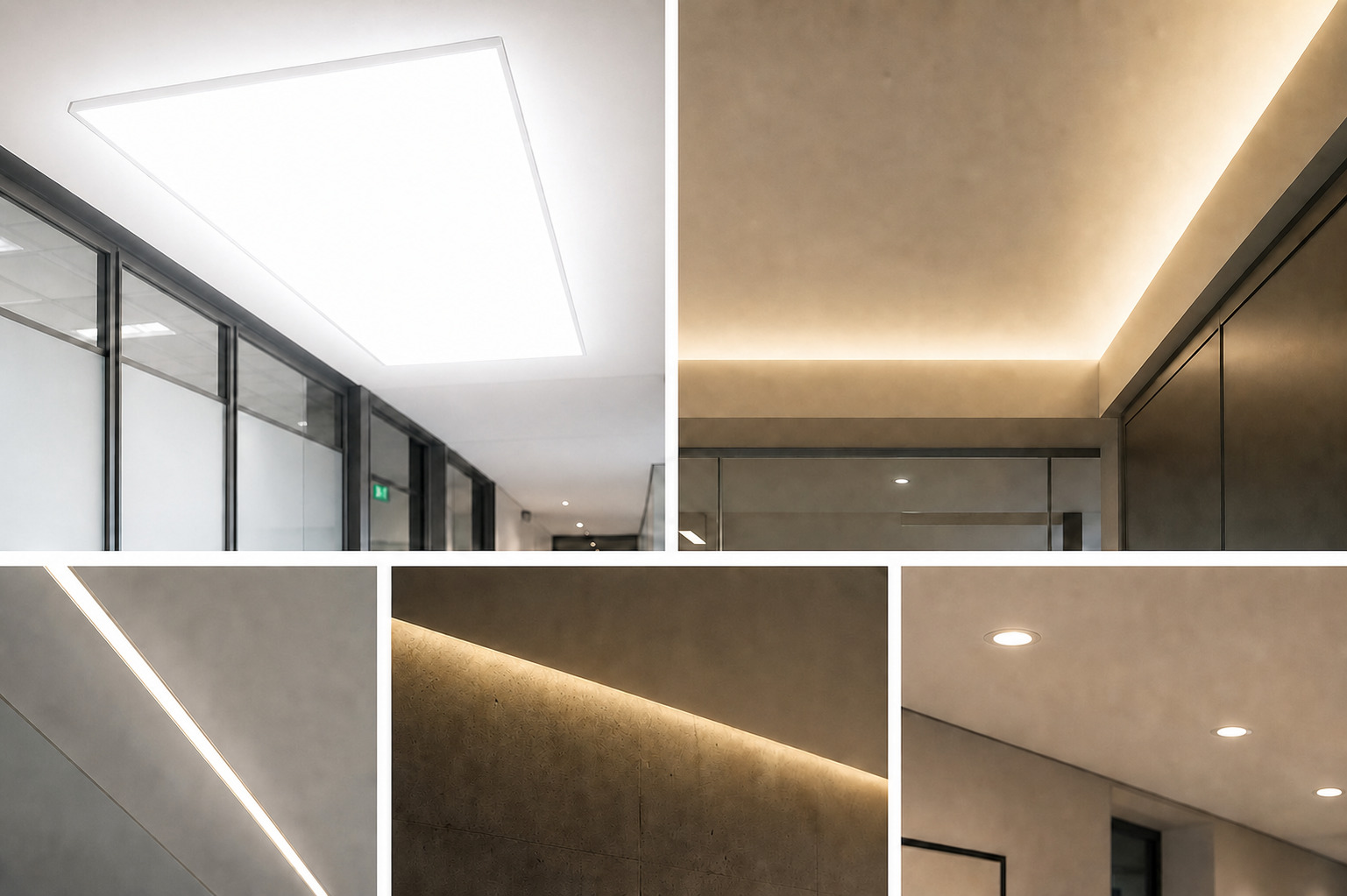 Commercial ceiling lighting examples including a high-output translucent backlit panel, underlit panels, LED diffusers, wall-edge downcast lighting, and recessed lights