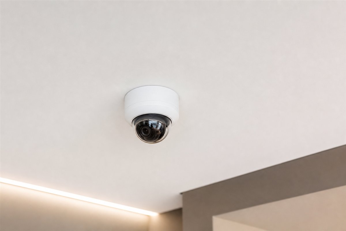 Compact security camera mounted to a smooth finished ceiling